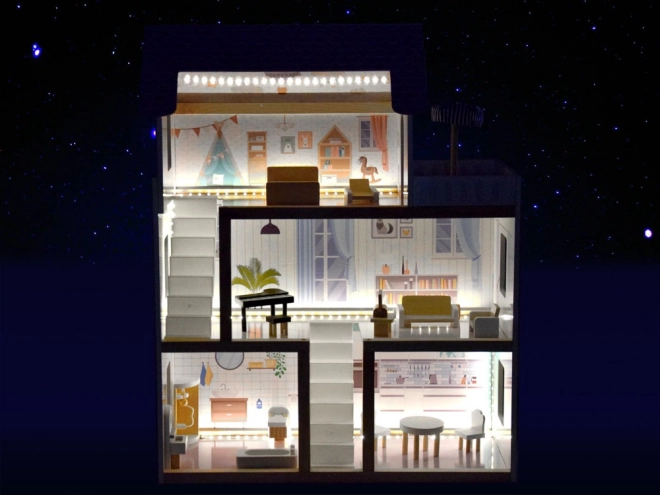 Houten poppenhuis met LED-verlichting in Boho-stijl 78 cm
