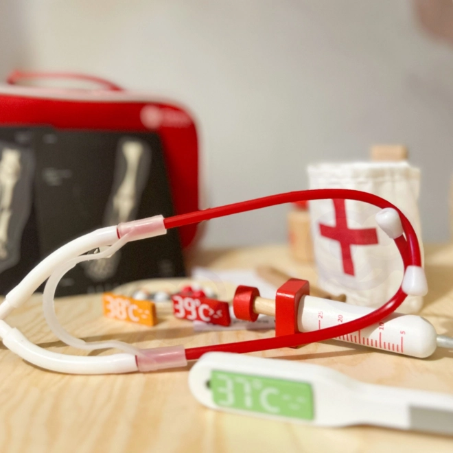Set dokter/l-arts 19st hout/plastic in kartonnen verpakking 21x16x8cm