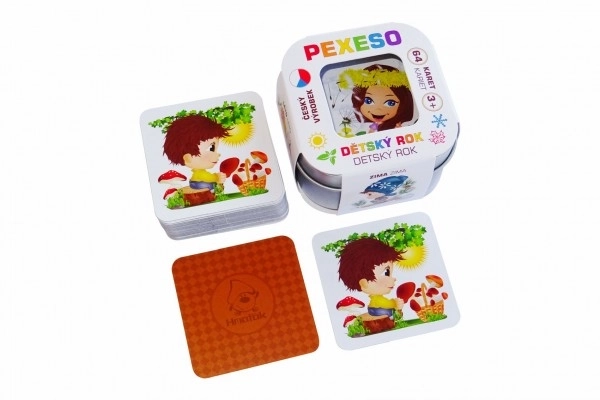 Pexeso Kinderjaar - waterbestendig, 64 kaarten in een metalen doosje 6x6x4cm