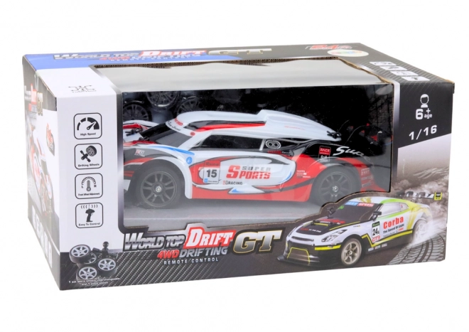 RC raceauto 1:16 Drift met verwisselbare wielen rood-wit