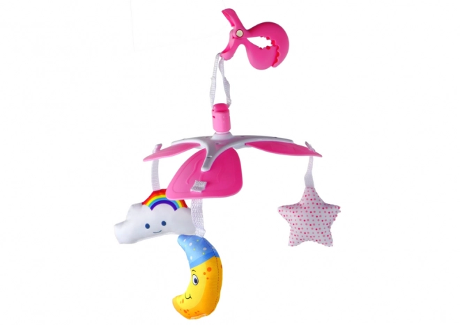 Roze clip voor kinderbedje met hemelse mobiel voor kinderen