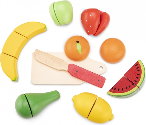 Houten fruitsnijset in mandje