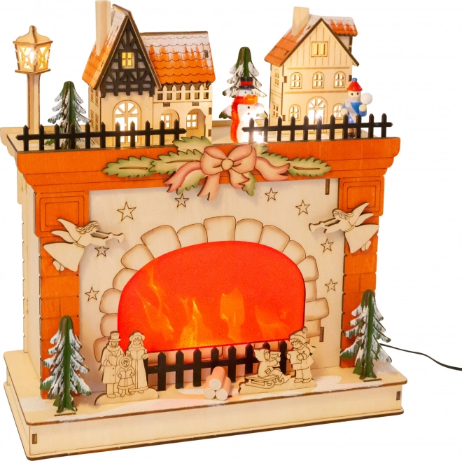 Kerst houten lamp met winters tafereel bij de open haard SMALL FOOT