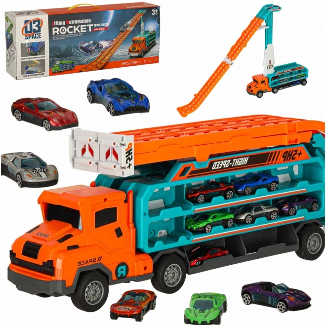 Racebaan met takelwagen en transporter 6 delen - oranje