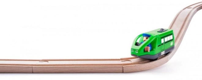 Groene trein met spoor en bestuurder op batterijen