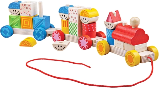 Bigjigs Baby houten trekkar-treintje met stapelbare blokken