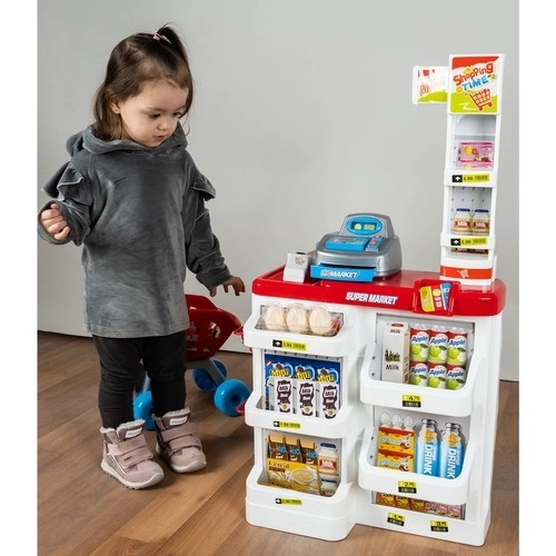 Supermarkt met kassa, winkelmandje en accessoires