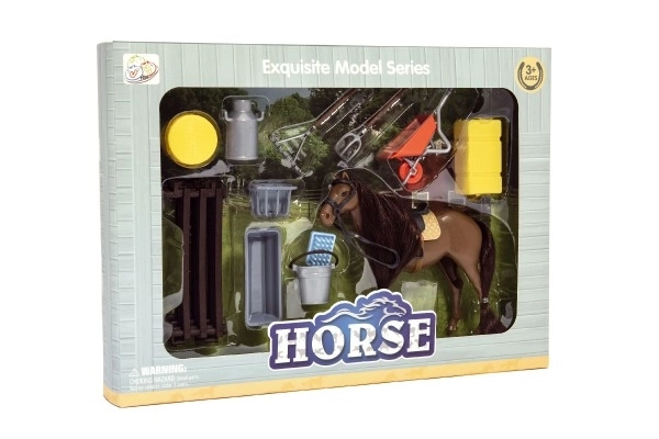 Bruin plastic paard met accessoires en omheining in doos 34x25x5cm