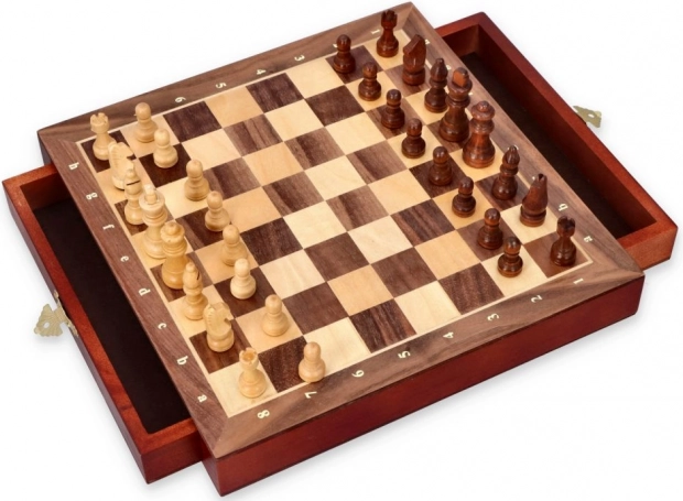 Houten schaakspel met magnetische stukken en lade