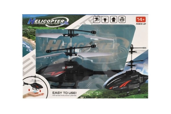 Kunststof helikopter 16cm reagerend op handbeweging met USB-oplaadkabel in doos 22x15x5cm