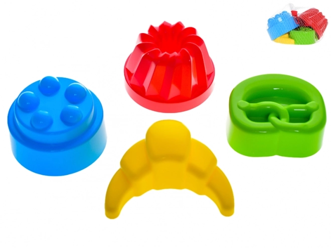 Vormpjes voor zand kastelen 10-12 cm 4 stuks in een netje