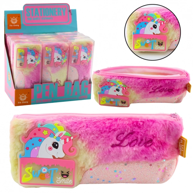 Pluchen etui met eenhoorn roze