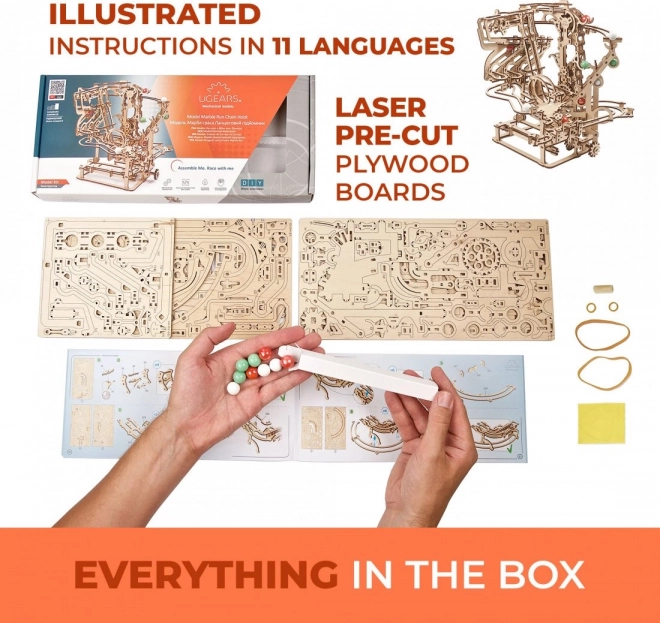Ugears 3D houten mechanische puzzel Knikkerbaan Ketting