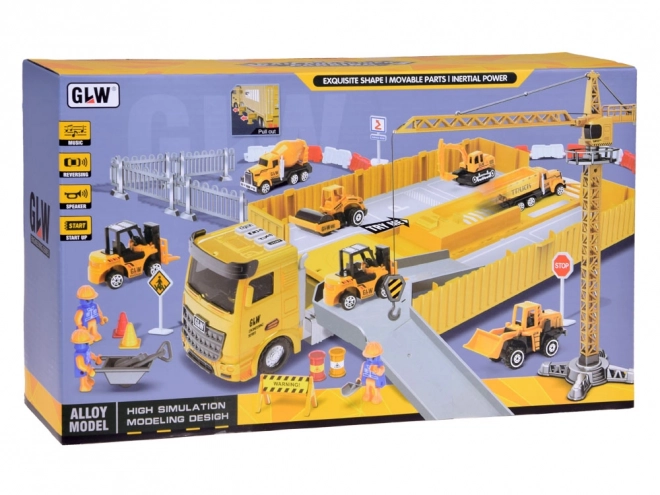 Interactieve set vrachtwagen met uitklapbare oplegger, kraan en heftruck
