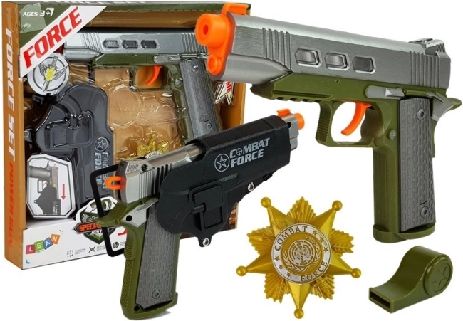 Politieset met pistool 20 cm, badge, fluitje en holster met licht- en geluidseffecten