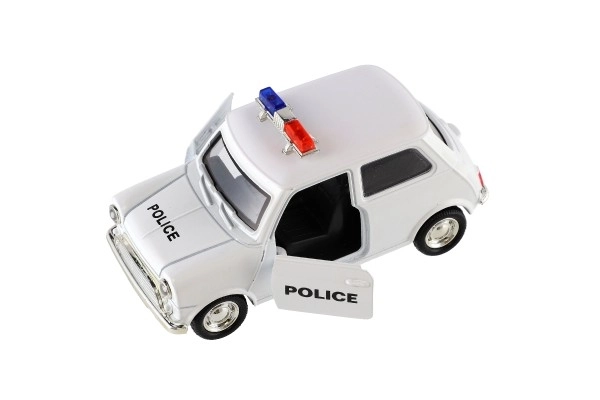Retro politieauto 11cm metaal/plastic, zelfopwindend met licht op batterijen, 4 soorten