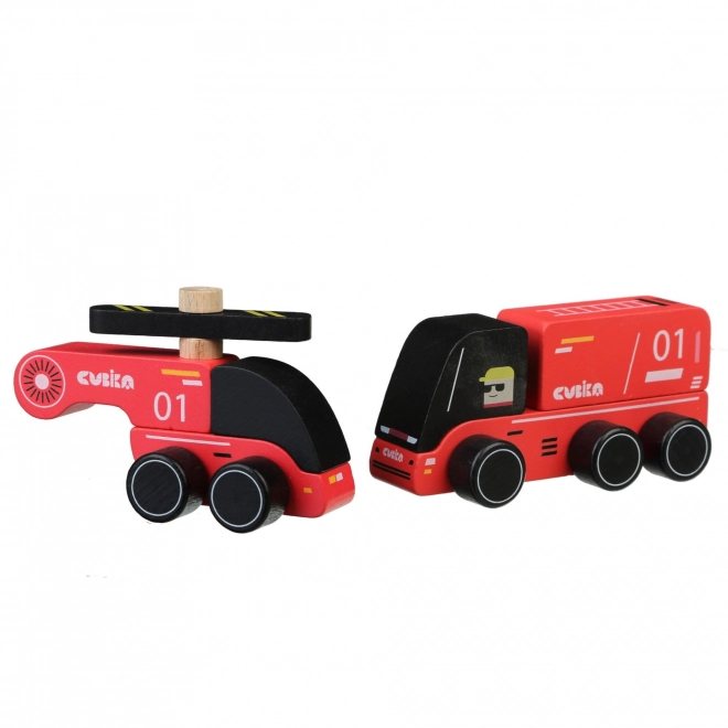 CUBIKA 15559 Brandweerman - houten speelgoedauto met helikopter