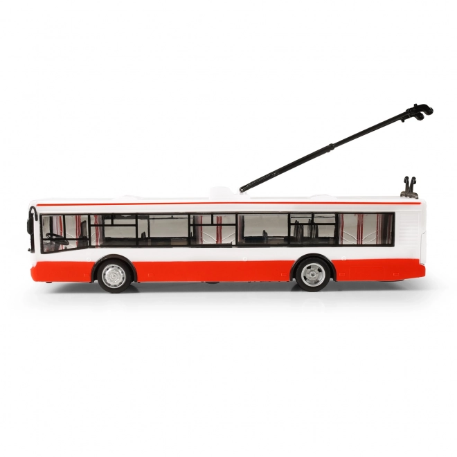 Trolleybus Tsjechisch sprekend plastic 29cm rood vrij rijden op bat. met licht en geluid in doos 33x11x10cm
