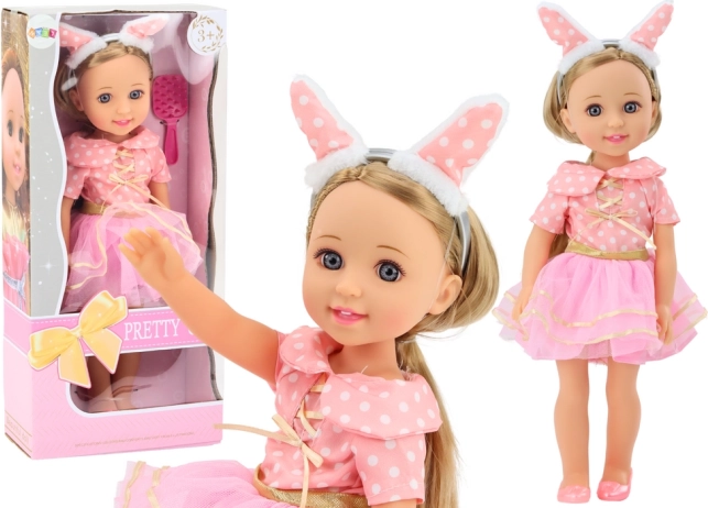 Pop met roze jurk, lang haar en haarband, 38 cm