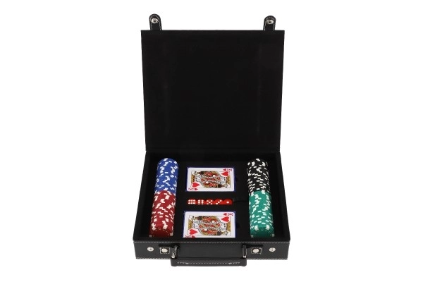 Pokerset 100 stuks + kaarten + dobbelstenen in koffertje in doos 28x25x8cm
