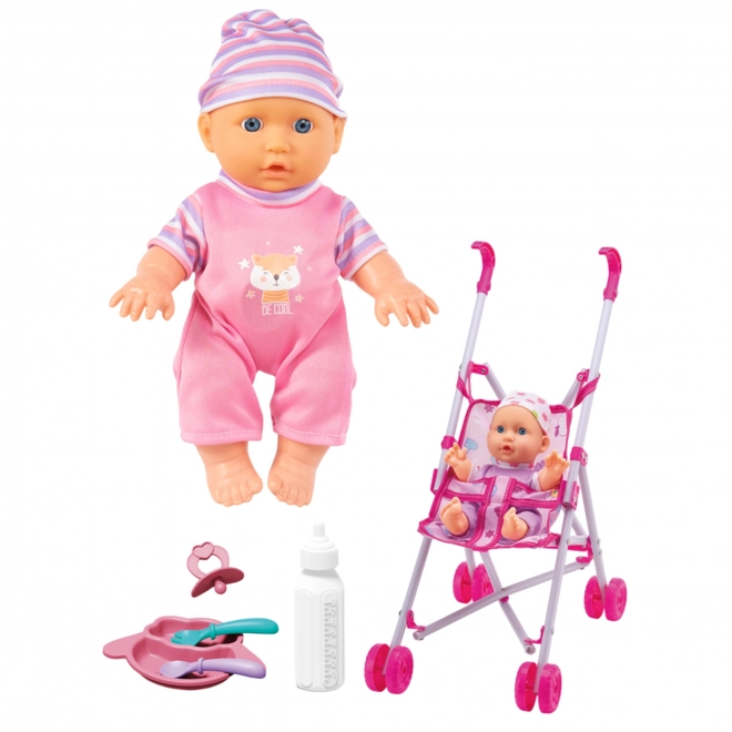 Woopie eerste kinderpop met kinderwagen en eetset