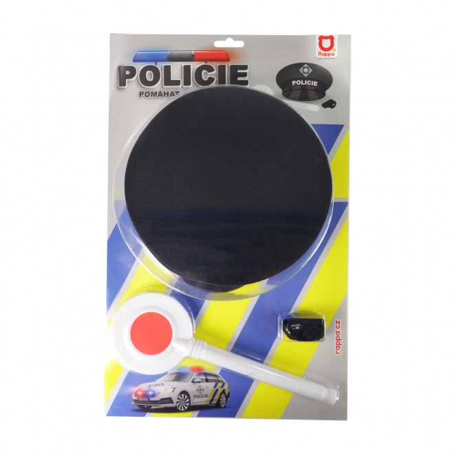 Set politie stof/plastic pet, stopbord, fluitje op kaart 30x48x8cm