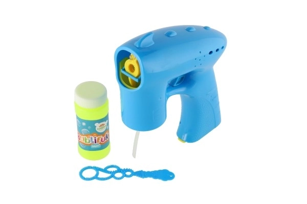 Bellenblaaspistool blauw plastic 13cm + vulling op batterijen op kaart