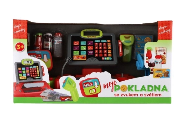 Grote digitale plastic kassa op batterijen met geluid en licht in doos 48x25x18cm