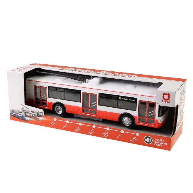 Trolleybus Tsjechisch sprekend plastic 29cm rood vrij rijden op bat. met licht en geluid in doos 33x11x10cm