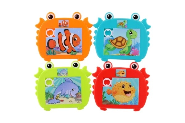 Dierlijke schuifpuzzel plastic 12,5x11cm 4 kleuren op kaart