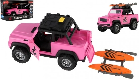 Roze terreinwagen met surfplanken en lichteffecten