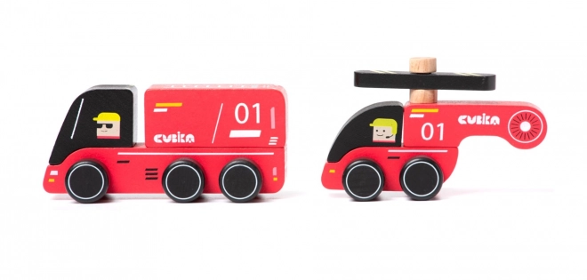 CUBIKA 15559 Brandweerman - houten speelgoedauto met helikopter