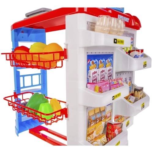 Supermarkt met kassa, winkelmandje en accessoires