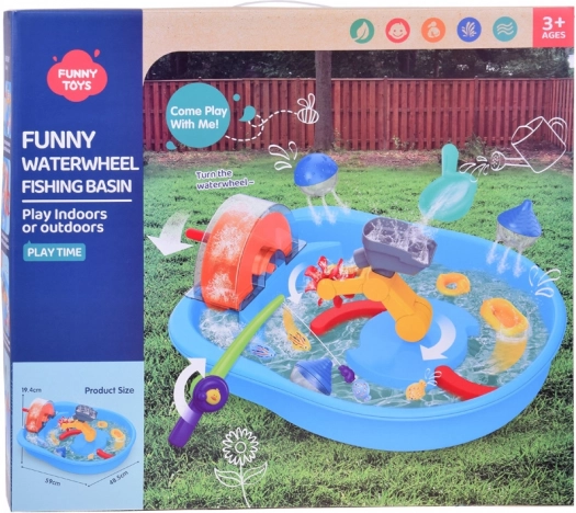 Blauwe watertafel met waterrad en visaccessoires