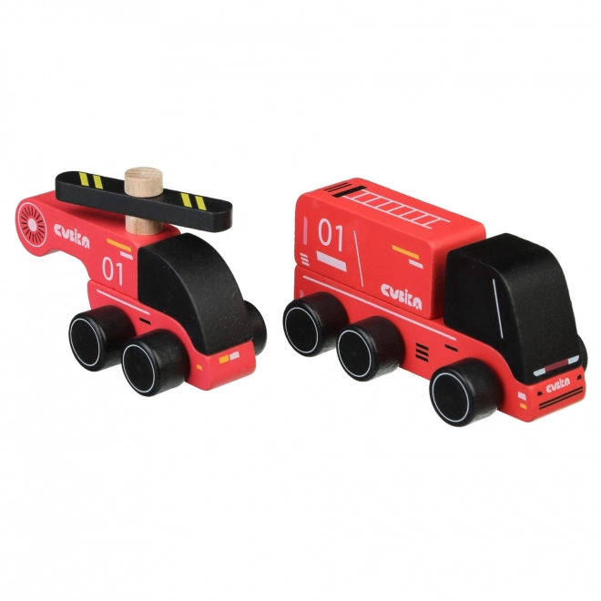 CUBIKA 15559 Brandweerman - houten speelgoedauto met helikopter