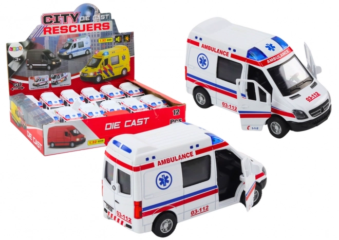 ambulance speelgoed met openende deuren, lichten en geluiden 1:32 wit
