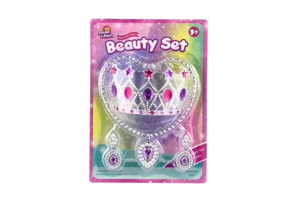 Schoonheidset plastic kroon, ketting, oorbellen op kaart 20x28cm