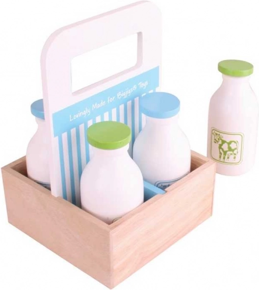 Houten melk in draagbaar kratje Bigjigs Toys
