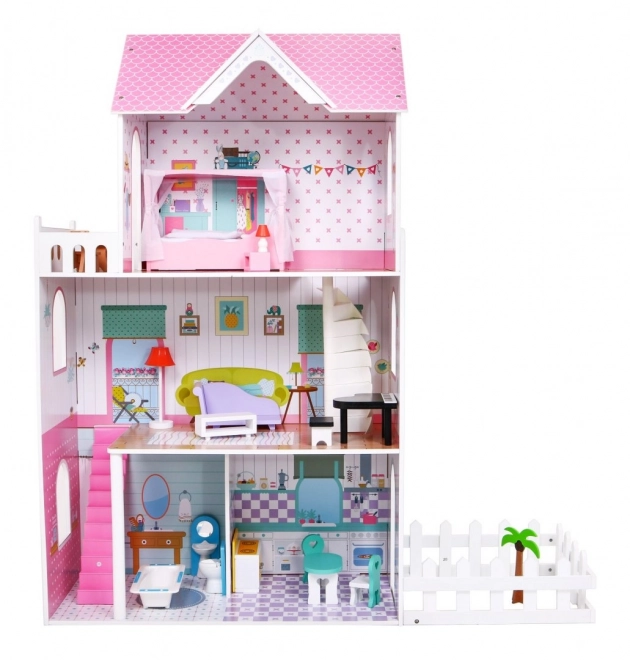 Houten poppenhuis Roze voor kinderen 3+ met uitrusting en meubels