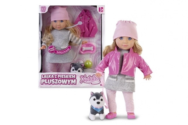 Pop Natalia met een pluchen hond 35 cm