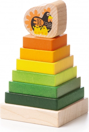 Houten kleurrijke piramide met kippetje CUBIKA – 8 delen