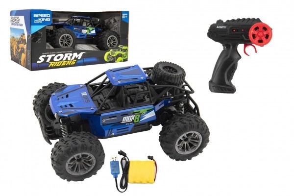 Auto RC buggy terrein blauw 22cm plastic 2,4GHz op batterijen + oplaadpakket in doos 32x16x18cm