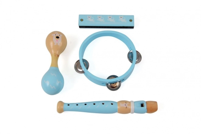 Blauwe houten muziekinstrumenten set