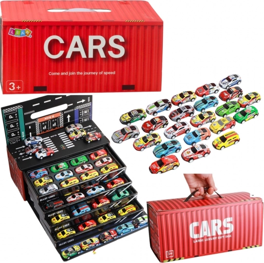 Set autootjes met pull-back aandrijving in container, 48 stuks