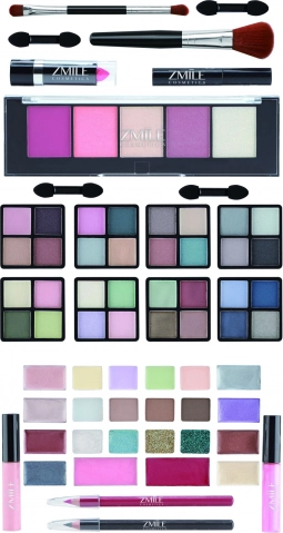 Alles-in-één: oogschaduw, lippenstift, blush en applicators