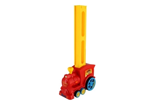 Locomotief/Trein domino bouwend plastic 16cm op batterijen met geluid en licht in doos 33x23,5x8cm