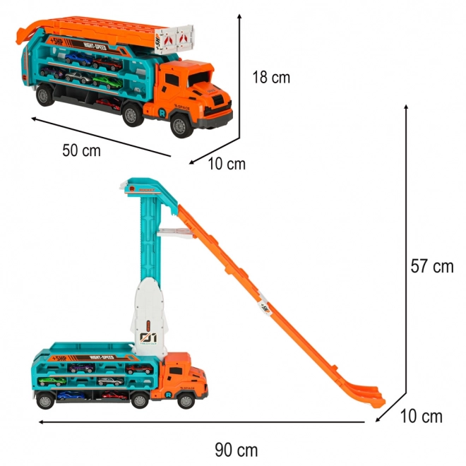 Racebaan met takelwagen en transporter 6 delen - oranje