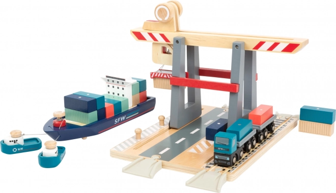 Small foot scheepsdepot met accessoires – houten haven-treinset met kraan en containers