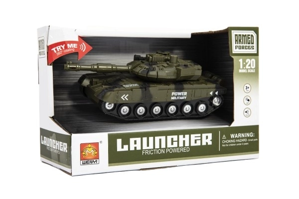 Tank plastic 20cm op traagheidsmechanisme op batterijen met licht en geluid in doos 24x16x11cm