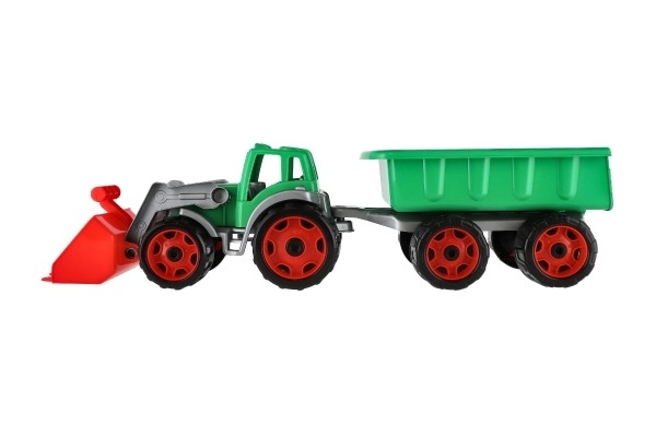 Tractor/lader/graafmachine met aanhanger met liggende plastic voor vrije beweging 2 kleuren in net 16x61x16cm